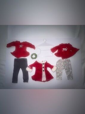 American Girl Doll and Bitty Baby toddler Christmas outfits and Christmas wreath